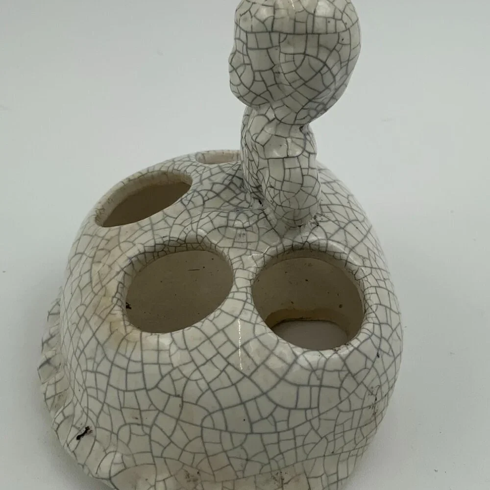 Rare Japanese Vintage Crackle Pottery Lady Lipstick Holder